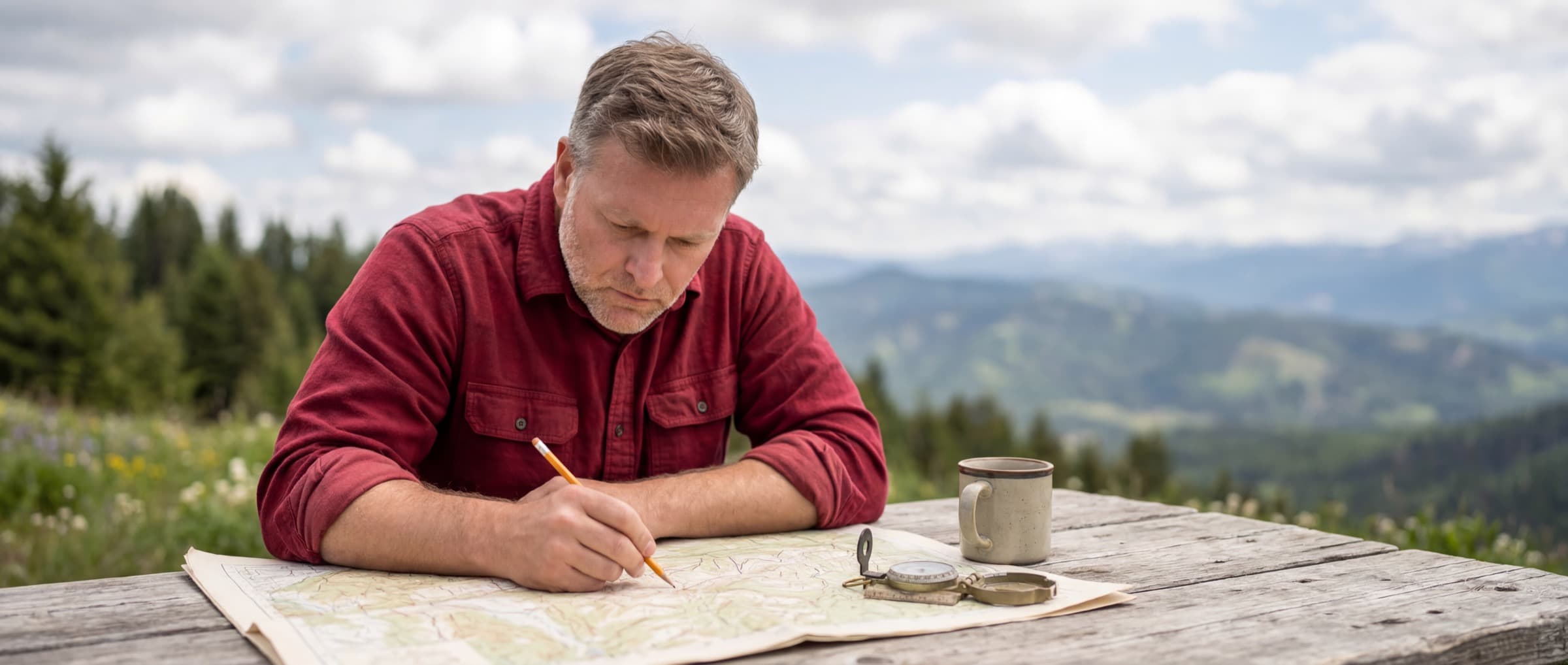 Kelsey Stuart reviewing a topographic map at an outdoor table in Montana