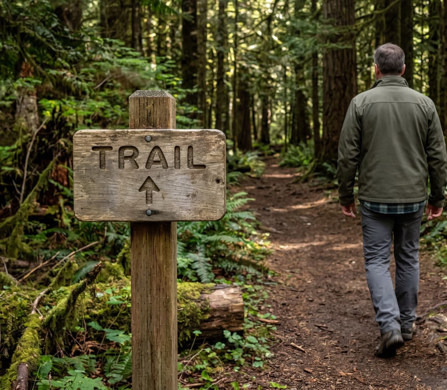 Kelsey Stuart walking down a forest trail past a wooden trail sign