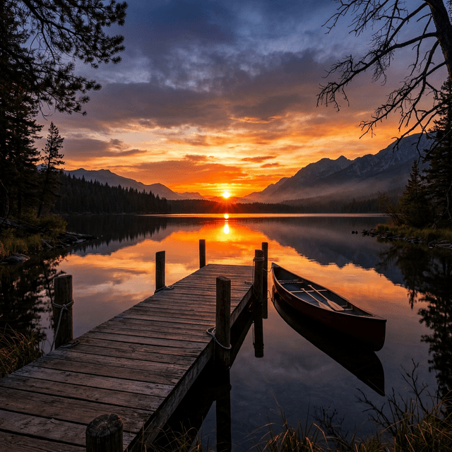 Wooden dock on a Montana lake at sunset