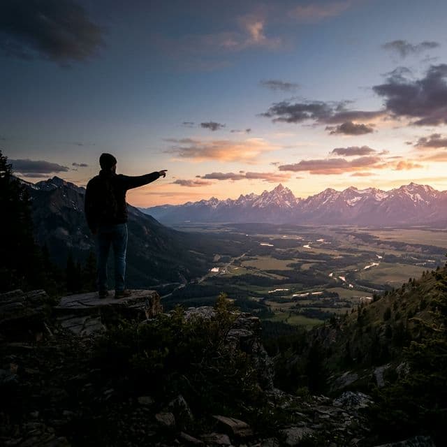 Person pointing toward a sweeping mountain valley at dusk